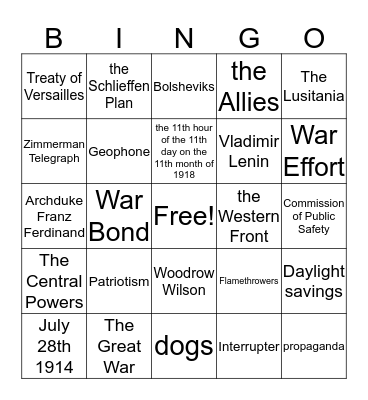 WWI Bingo Card