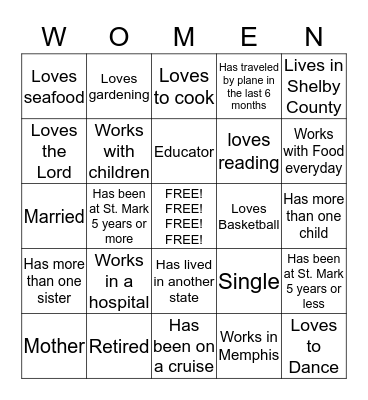 St. Mark Women Bingo Card