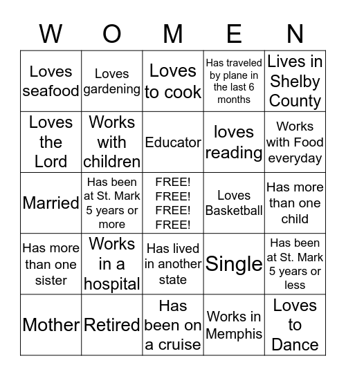 St. Mark Women Bingo Card