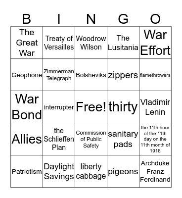 WWI Bingo Card