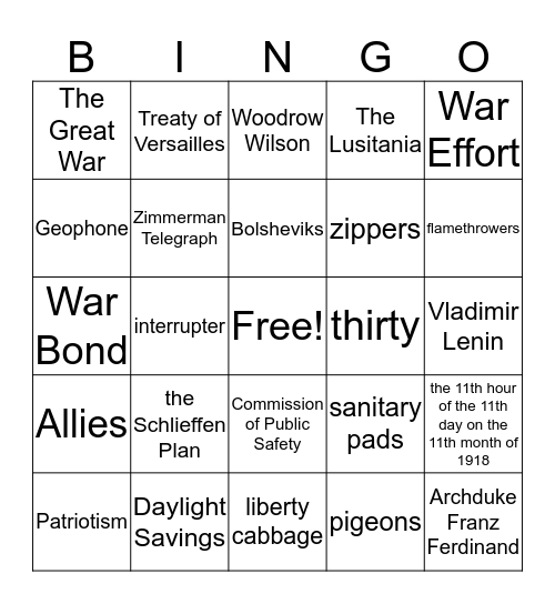 WWI Bingo Card