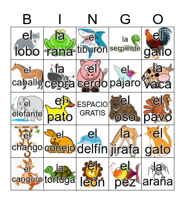 Los animales Bingo Card