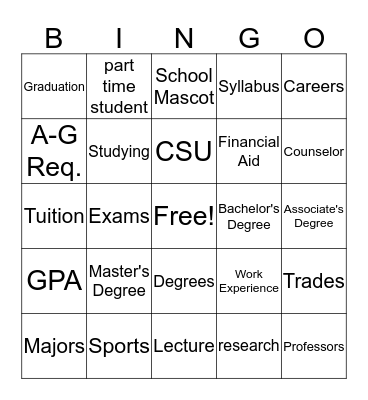 College and Career Center Bingo Card