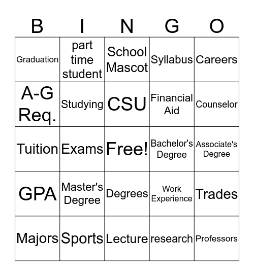 College and Career Center Bingo Card