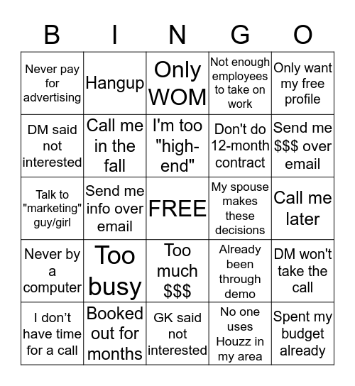 Objection Bingo  Bingo Card