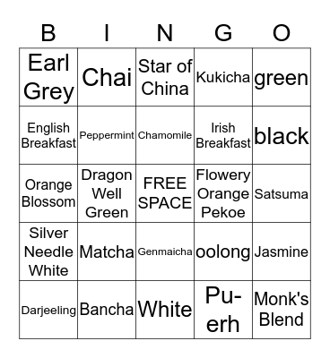 AFTERNOON TEA Bingo Card