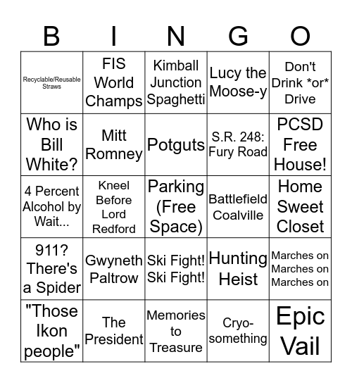 Park City Follies 2019 Bingo Card