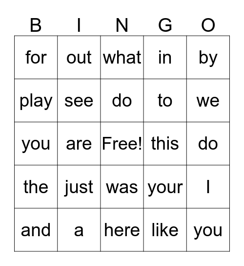 Sight Word Bingo Card
