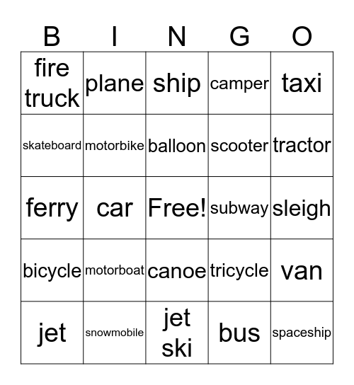 Transportation Bingo Card