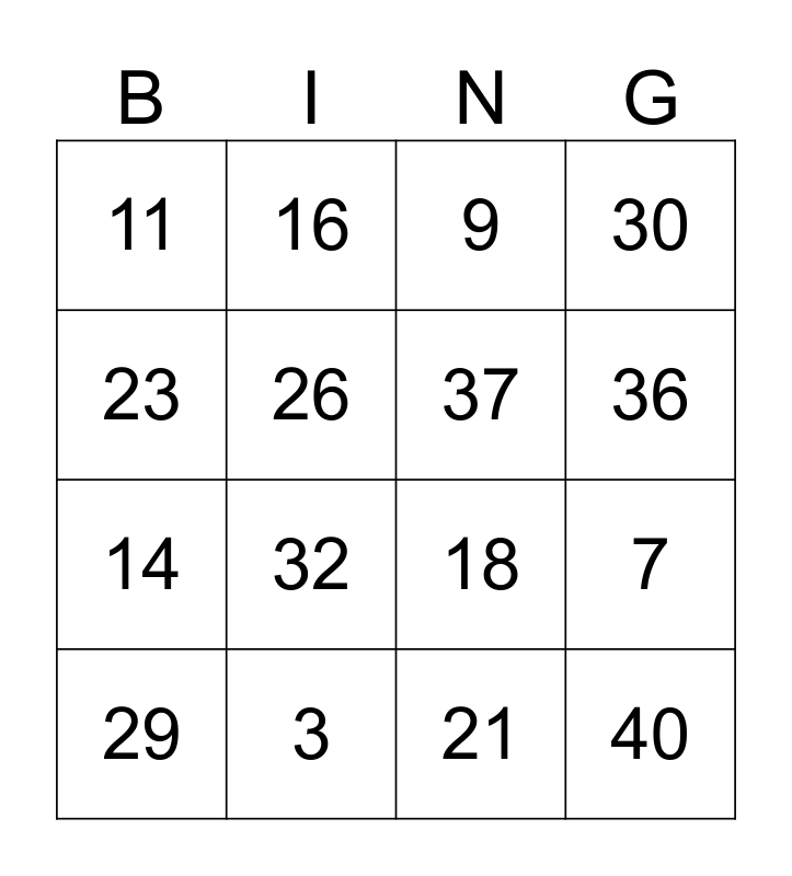 Numbers 140 Bingo Card