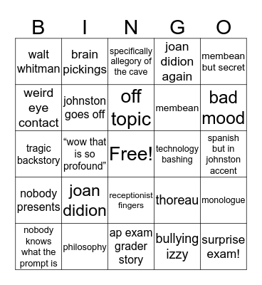 johnstons 7th hour bingo Card