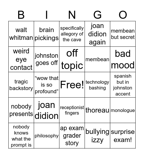johnstons 7th hour bingo Card