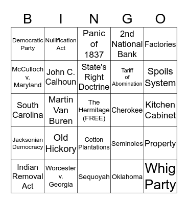 Andrew Jackson Bingo Card