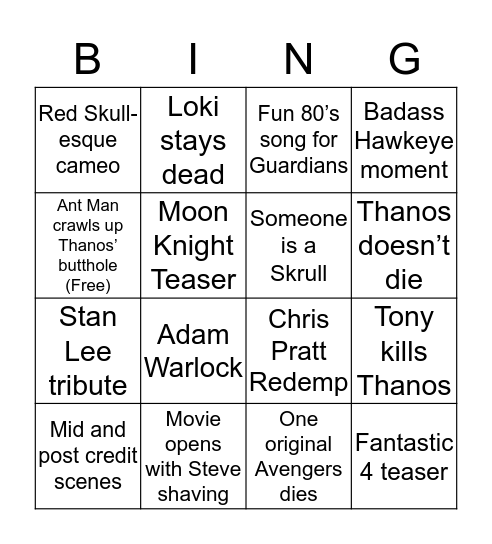 Endgame Bingo Card