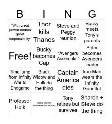 Avengers Endgame Bingo Card