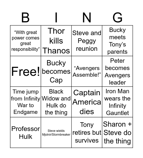 Avengers Endgame Bingo Card