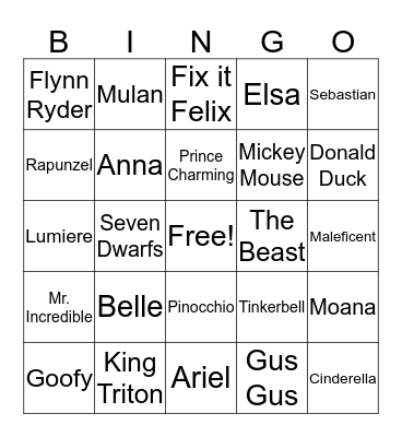 Disney Princesses Bingo Card