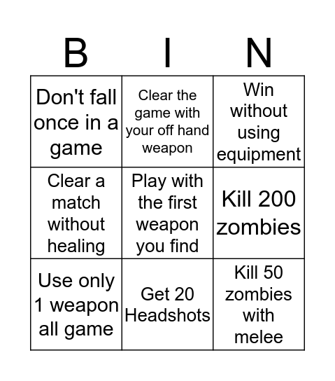Bingo War Z Bingo Card