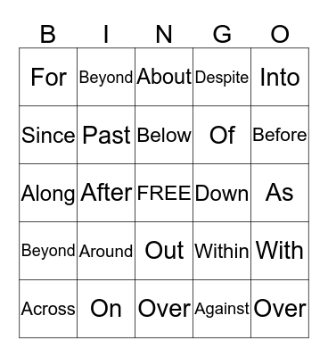 Preposition Bingo Card