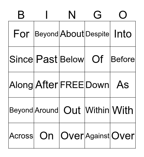 Preposition Bingo Card