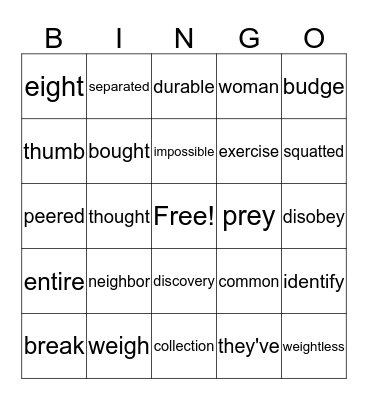 lesson 29 Bingo Card