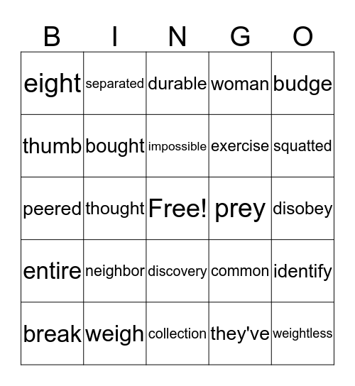 lesson 29 Bingo Card