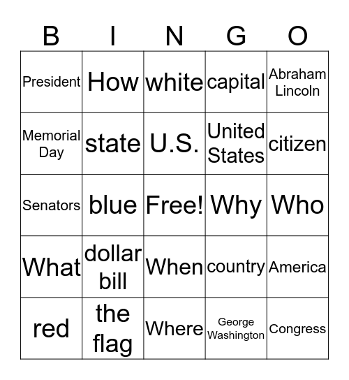 Becoming a Citizen Bingo Card