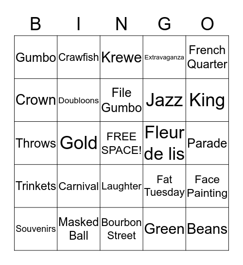 Mardi Gras Bingo Card