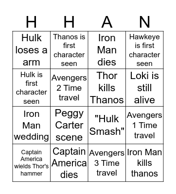 Avengers Endgame Bingo Card