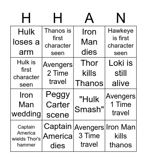 Avengers Endgame Bingo Card