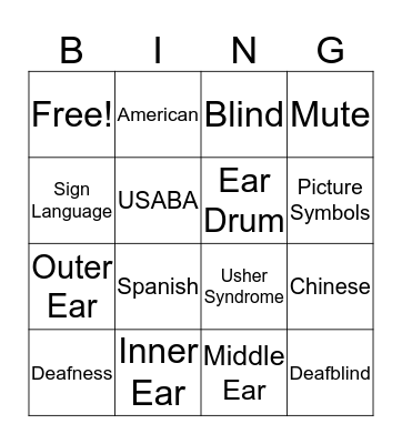 American Sign Language  Bingo Card