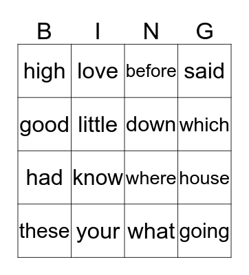 Sight Word BINGO Card