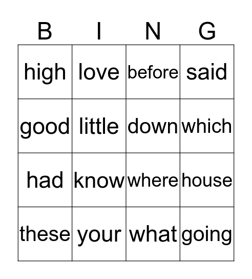 Sight Word BINGO Card
