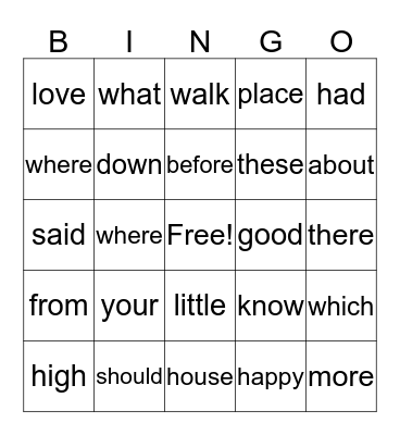 Sight Word BINGO Card