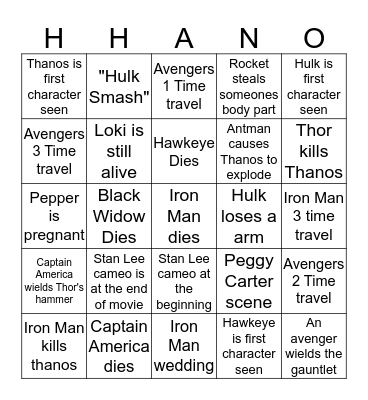 Avengers Endgame Bingo Card