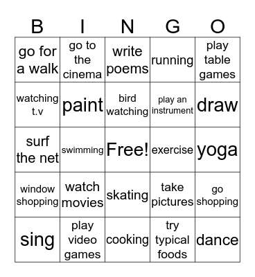 Leisure  Activities  Bingo Card