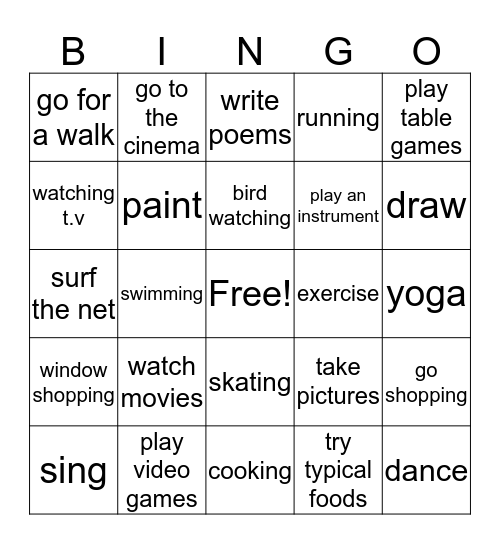 Leisure  Activities  Bingo Card