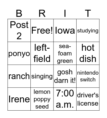 Britney's Bday Bingo Card