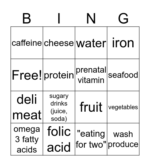 Nutrition and Pregnancy! Bingo Card
