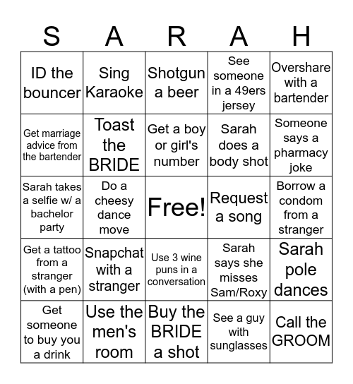 Sarah's Bride Tribe Throw-down 2019 Bingo Card