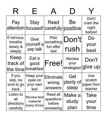 Test Taking Bingo Card