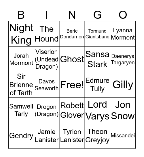 BinGoT Bingo Card