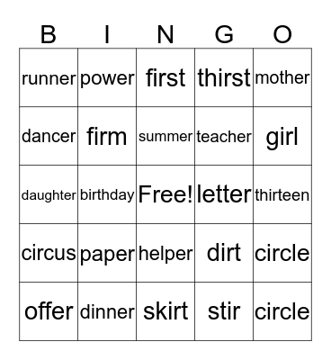 /er/ & /ir/ Bingo Card