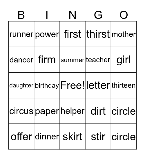 /er/ & /ir/ Bingo Card