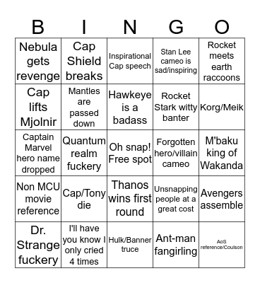 Endgame Bingo Card