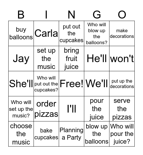 Class Party Bingo Card