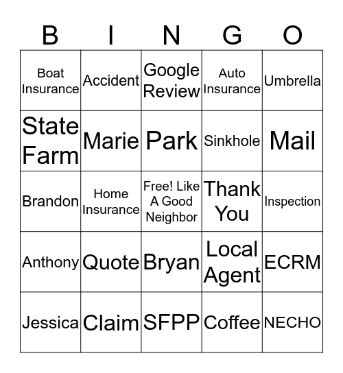 State Farm Bingo Card