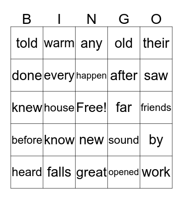Unit 4 High Frequency Words Bingo Card