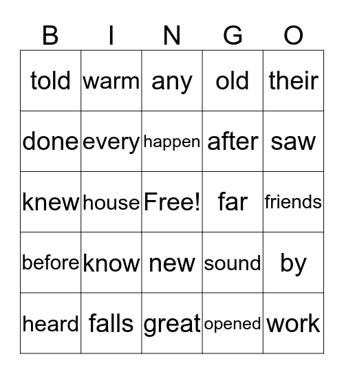 Unit 4 High Frequency Words Bingo Card