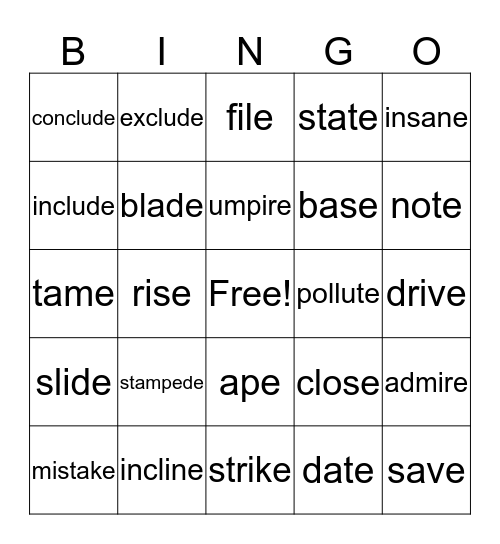 Silent E Bingo Card